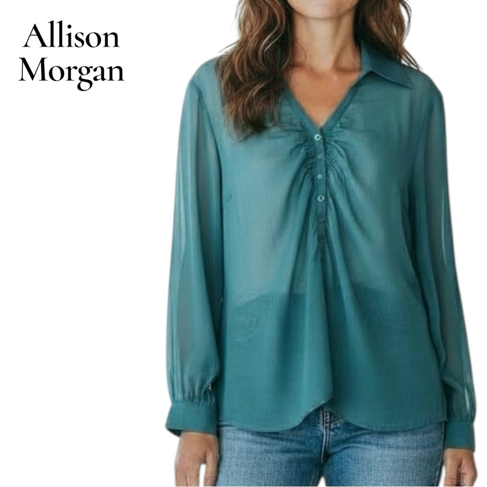 Allison Morgan Blue Green Teal Sheer Long Sleeve Blouse Ruched Front NWT Size L